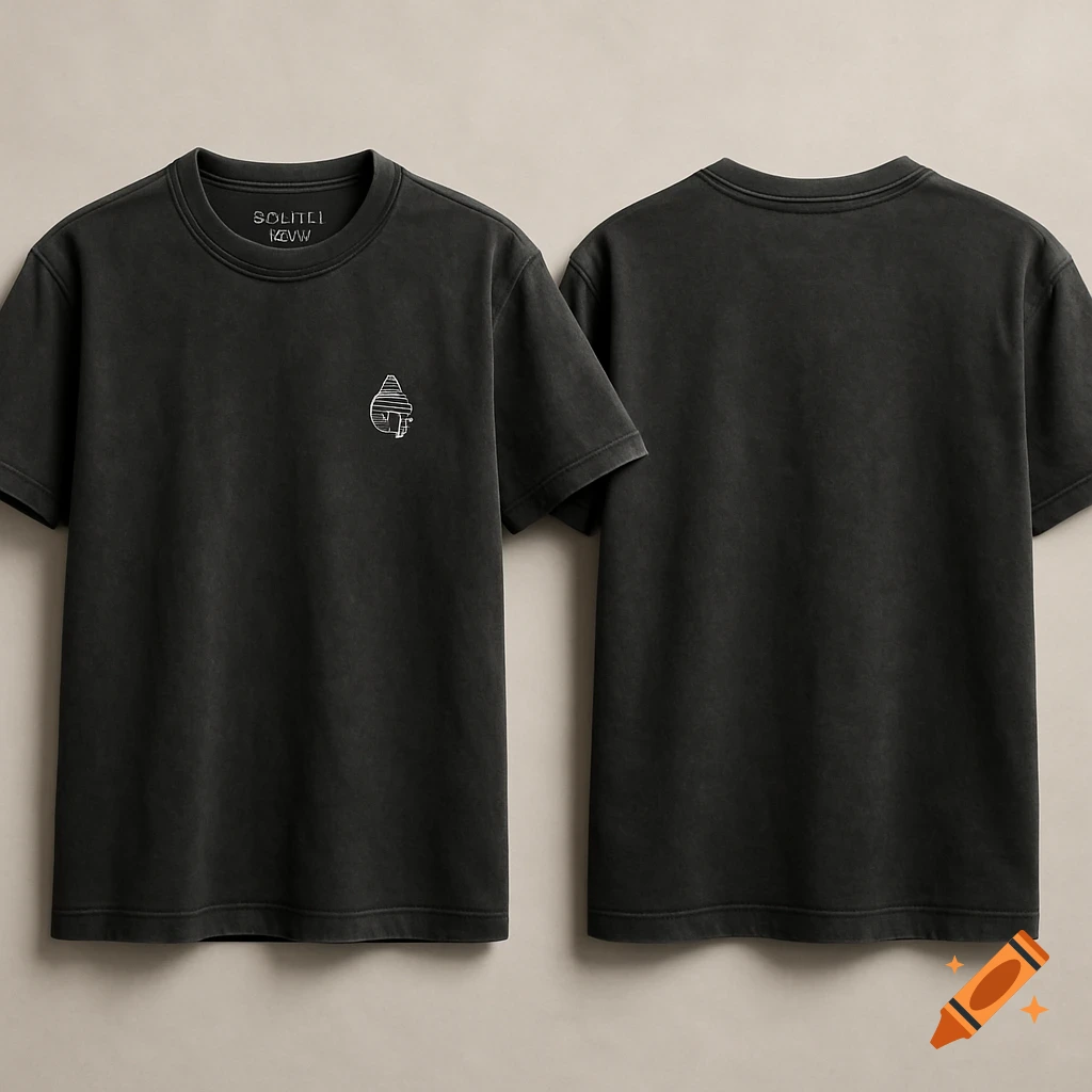 Front and back views of a black washed premium cotton t-shirt with a small white outline of a Peruvian chullo hat on the left chest. The t-shirt has a visible brand label in the collar.