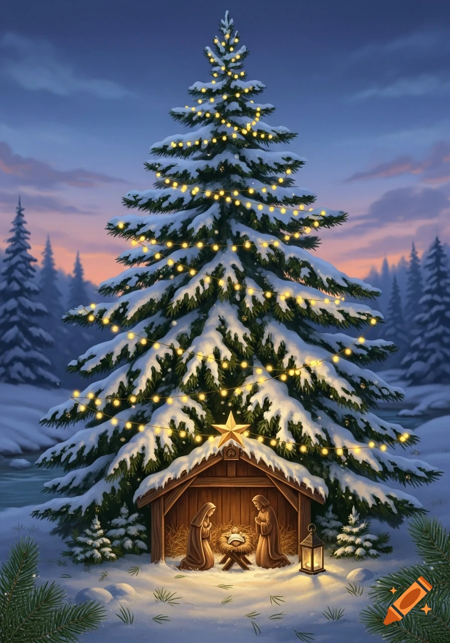 Illustrative nativity scene with Mary, Joseph, and baby Jesus in a stable under a large, snow-covered, lit Christmas tree at dusk.
