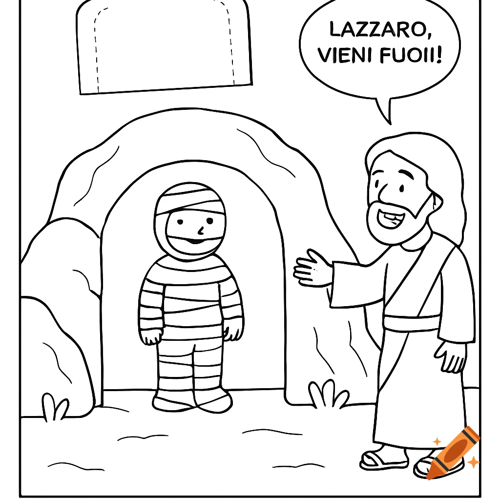 A black and white cartoon drawing for a coloring book shows Jesus calling Lazarus out of a cave. Lazarus is wrapped in bandages.