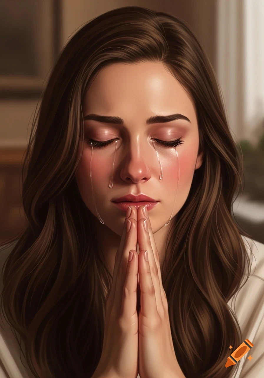 Photorealistic portrait of a young woman with closed eyes, tears streaming down her cheeks, hands clasped in prayer.