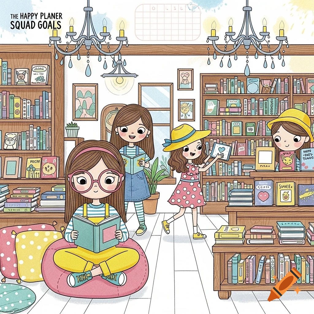 Cartoon illustration of four girls reading and shopping for books in a cozy bookstore with bookshelves and chandeliers.