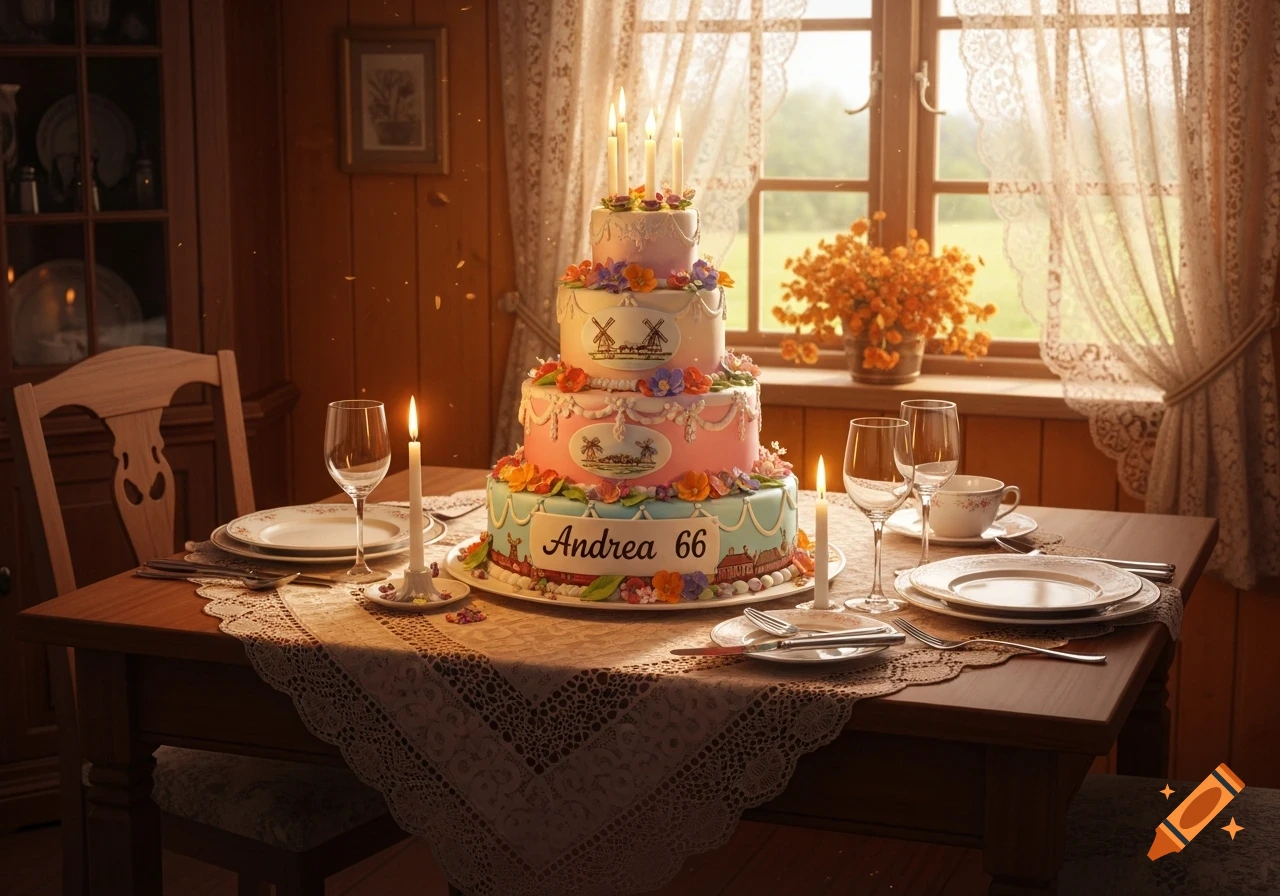A three-tiered birthday cake with candles, flowers, and windmills sits on a lace-covered table set for dinner by a sunlit window.
