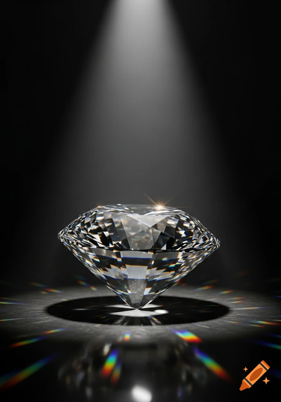 A brilliant-cut diamond stands under a spotlight, reflecting vivid rainbow colors onto a dark, reflective surface.