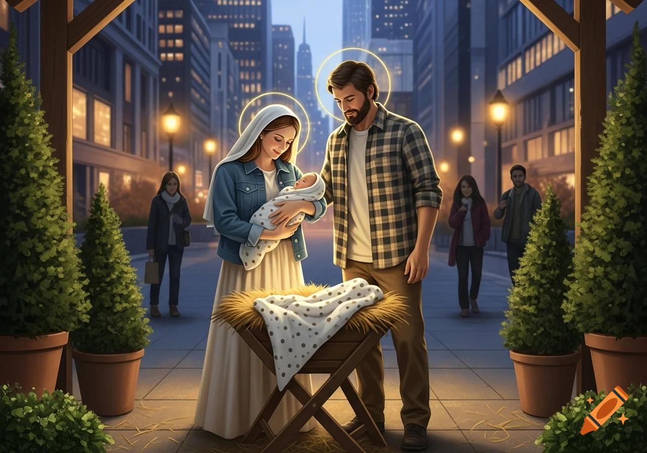 Modern-day Nativity scene with Mary holding baby Jesus, Joseph looking on, and a manger in an urban street at dusk.