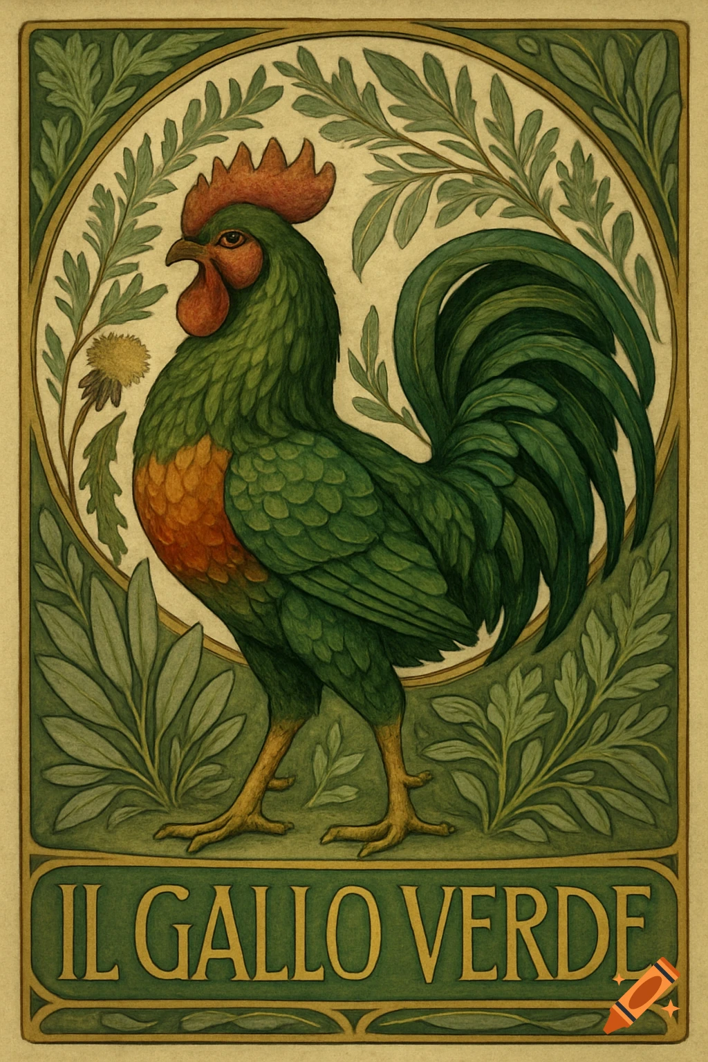 Art Nouveau illustration of a green rooster with an orange chest, framed by green leaves, with "IL GALLO VERDE" written below.