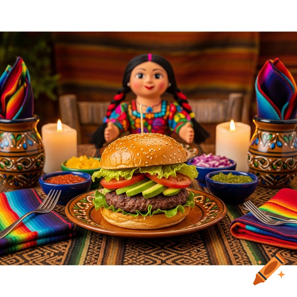 A gourmet hamburger with avocado, lettuce, and tomato, served on a patterned tablecloth with a traditional Latin American doll in the background.