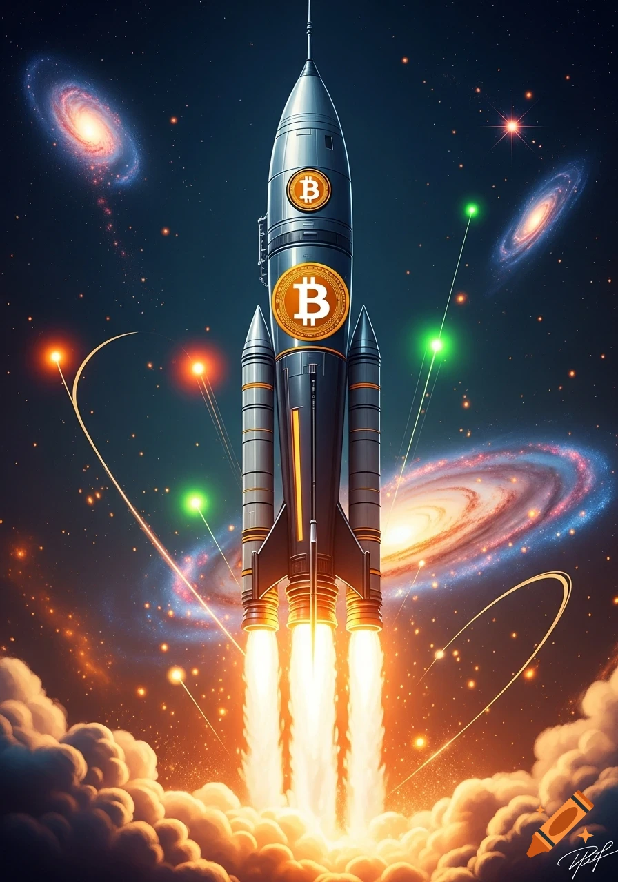 A stylized rocket with Bitcoin symbols launching into a vibrant, starry galaxy sky with nebulas and bright orange exhaust.