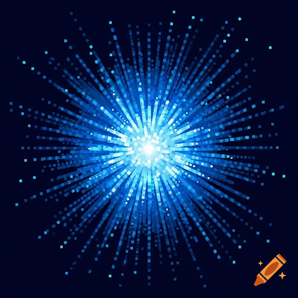 A vibrant, pixelated blue light explosion radiating outwards from a white center on a dark background, in a 2D digital art style.