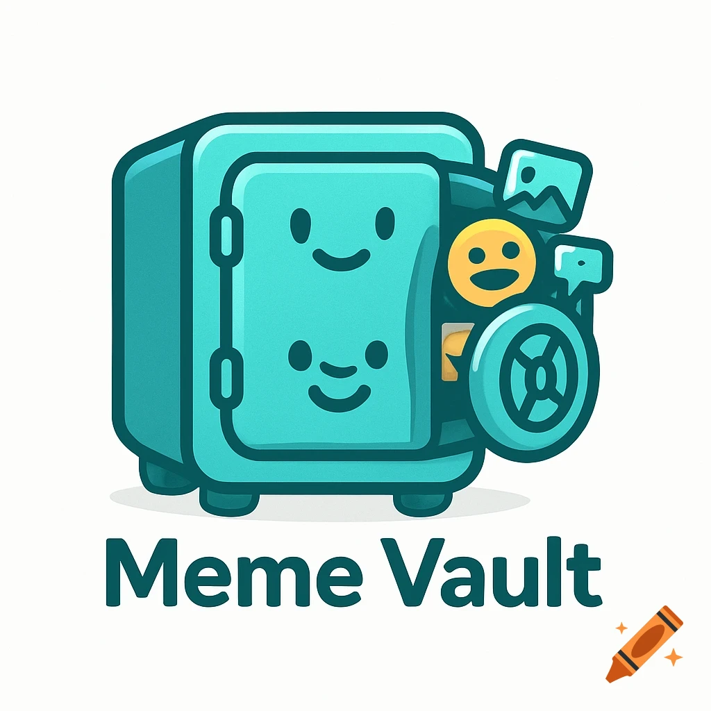A teal cartoon safe with smiling faces, holding a yellow emoji face, image, and chat bubble, with 'Meme Vault' text below.