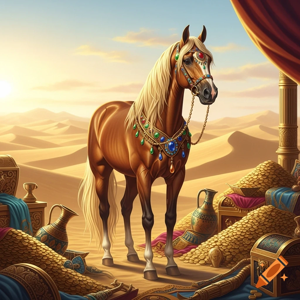 A majestic, jeweled brown horse stands in a sunny desert landscape with piles of gold coins and treasure chests.