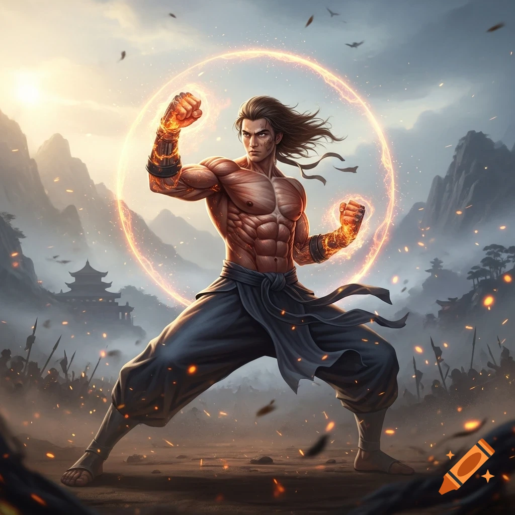 A muscular martial arts warrior with glowing fists in a dynamic pose, surrounded by energy, against misty mountains and an ancient temple.