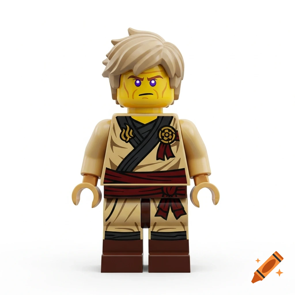 LEGO minifigure of an adult Lloyd Garmadon with sandy blonde hair, glowing indigo eyes, and a tan ninja gi.