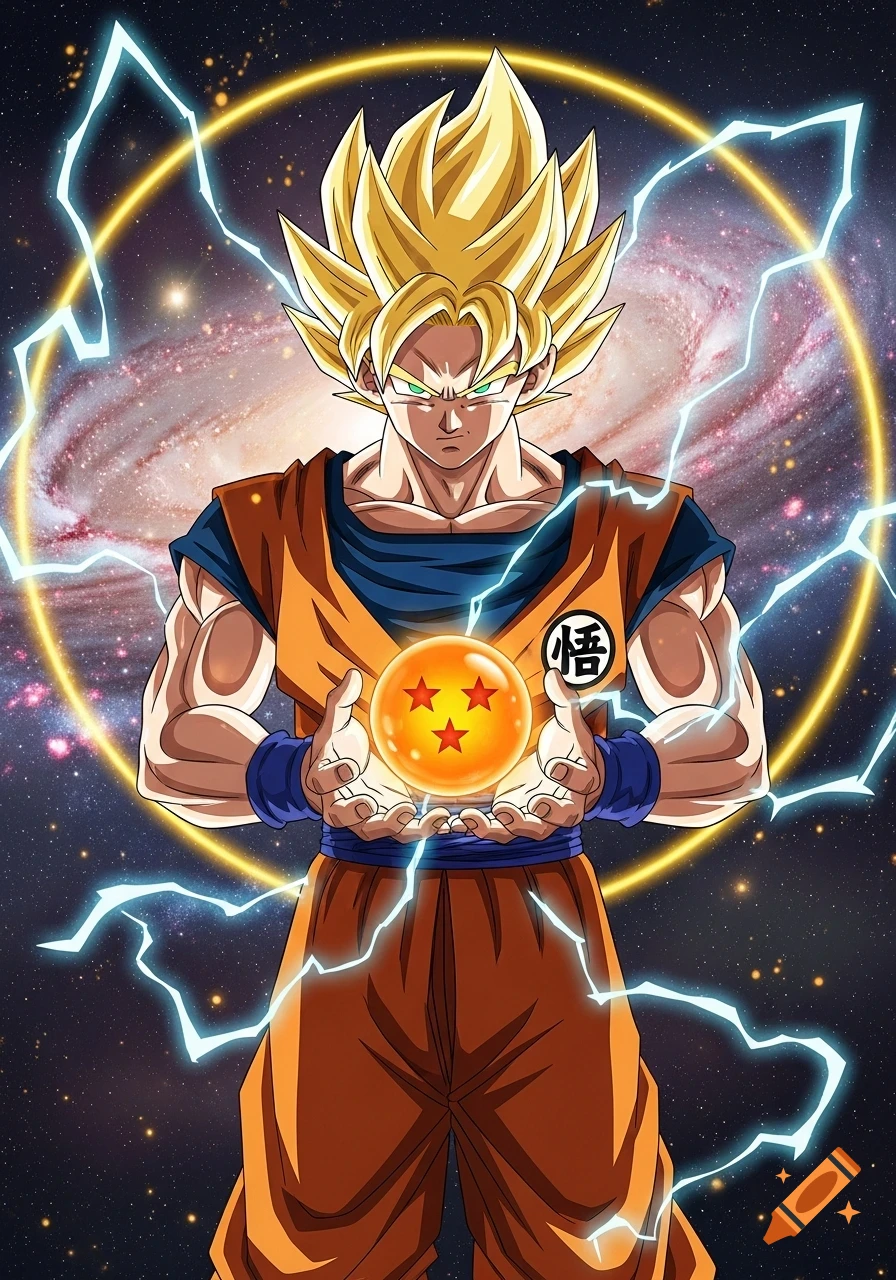 Goku in Super Saiyan form holds a four-star Dragon Ball against a cosmic background with lightning and a golden ring.