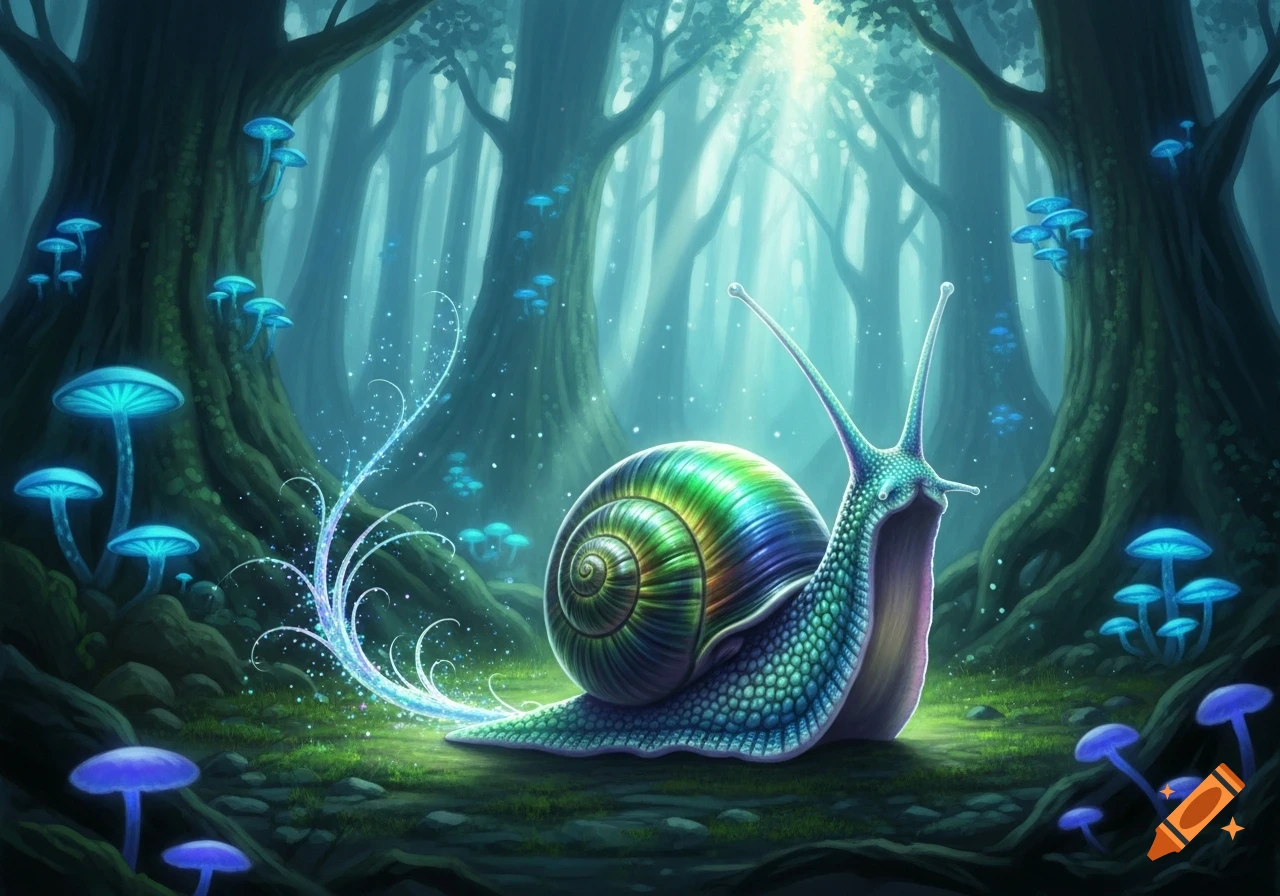 A vibrant, iridescent snail with a glowing trail moves through a ...
