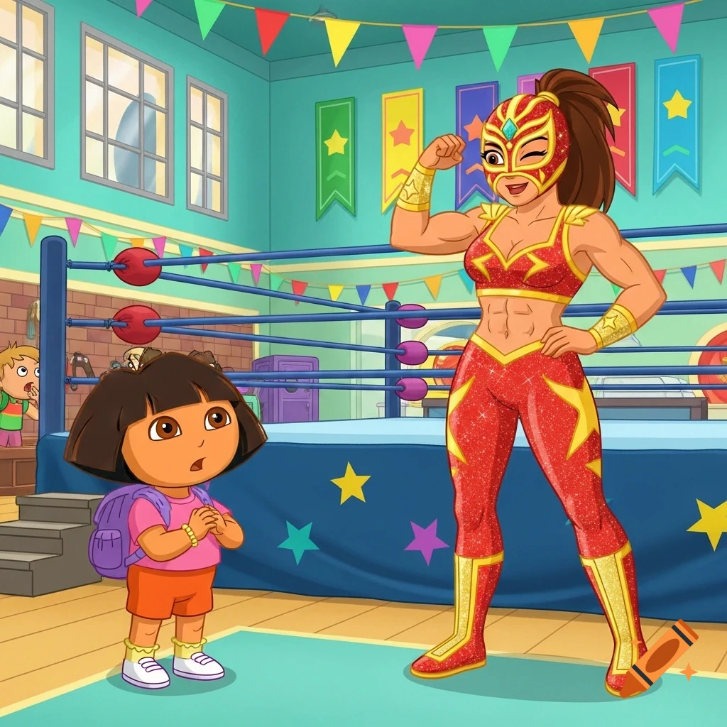 Cartoon Dora the Explorer watches a muscular female masked wrestler flex in a gym with a wrestling ring.