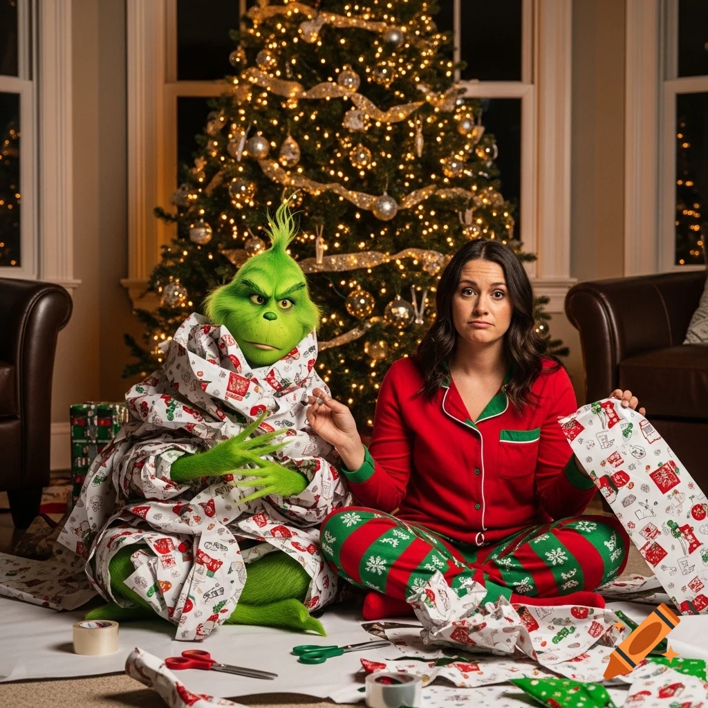 A woman in Christmas pajamas and the Grinch, tangled in gift wrap, sit on the floor with scissors and tape by a lighted Christmas tree.