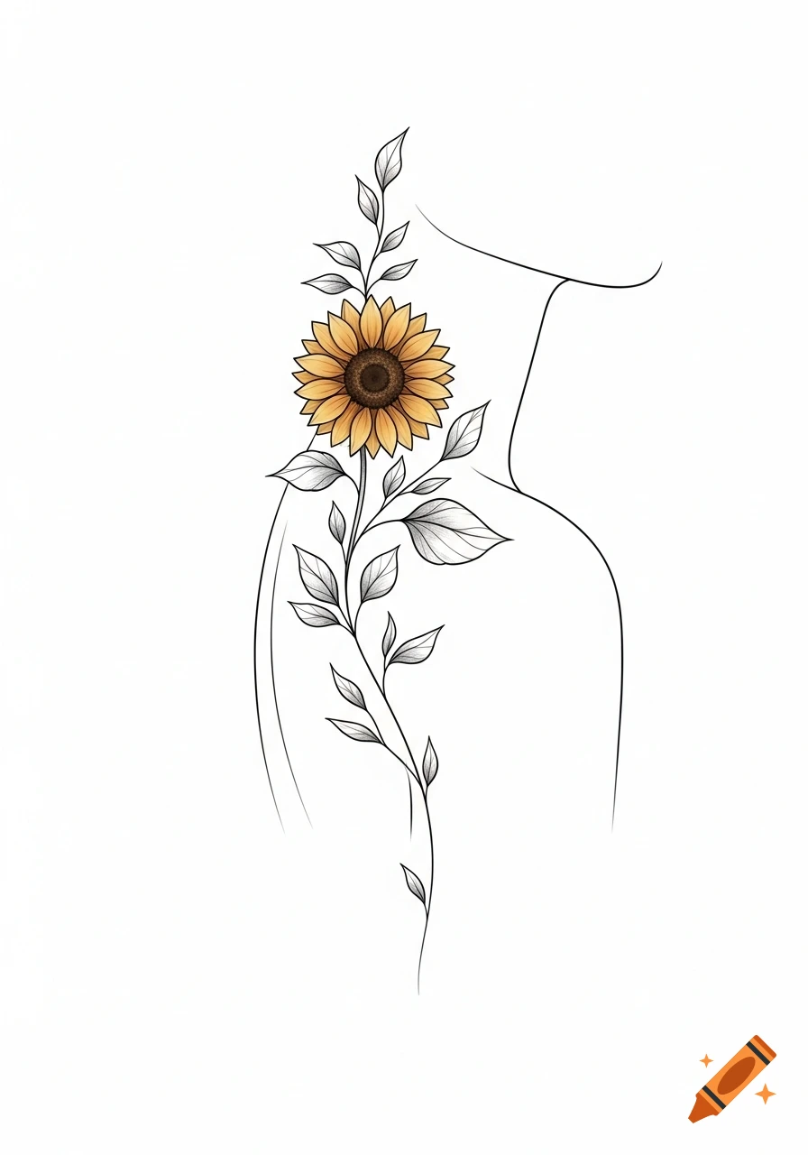 Minimalist fine line tattoo design featuring a vibrant sunflower with black leaves and vines on a feminine torso outline.