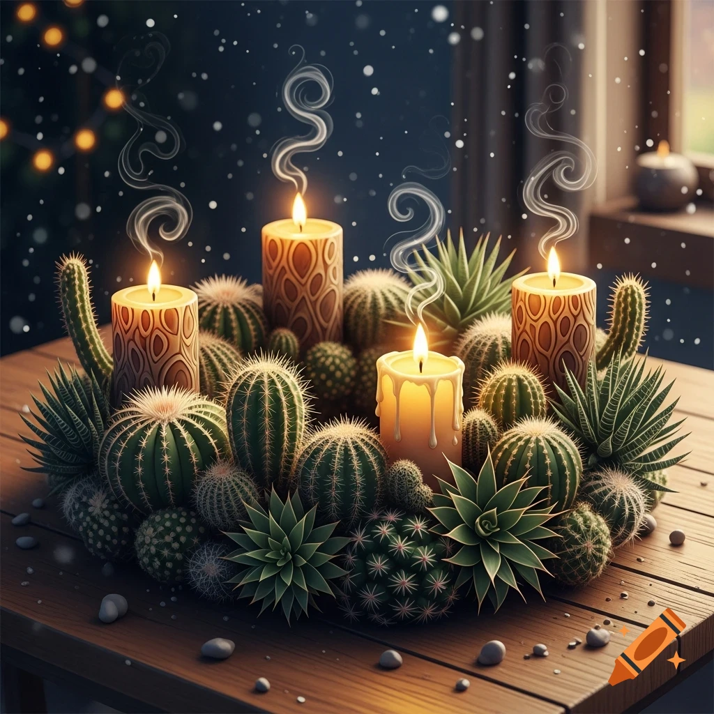 Close-up of a festive Advent wreath made of green cacti and succulents with four lit candles on a wooden table, snowy background.
