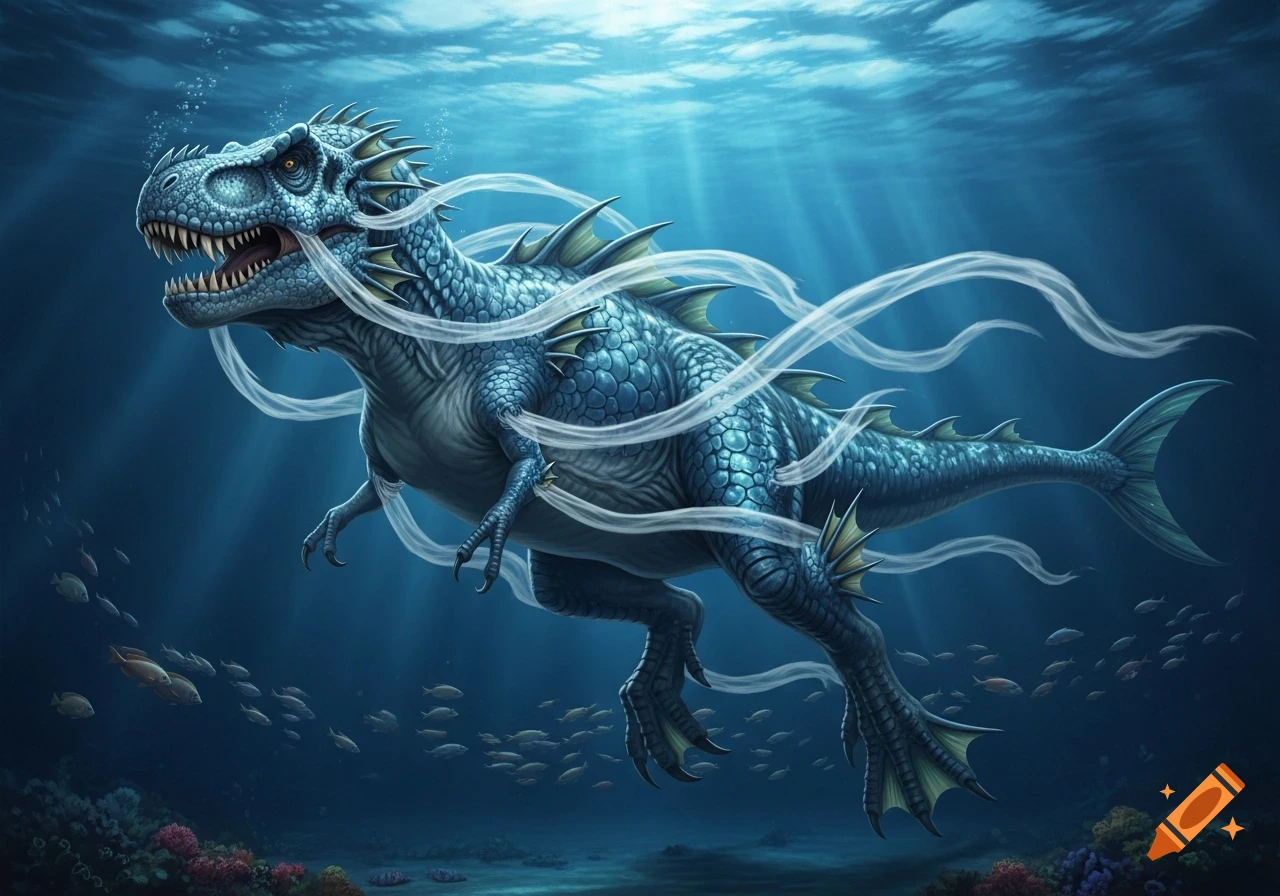 A blue-green aquatic T-Rex hybrid with scales, fins, webbed feet, and a fish tail swims in a deep blue ocean with light rays and fish.