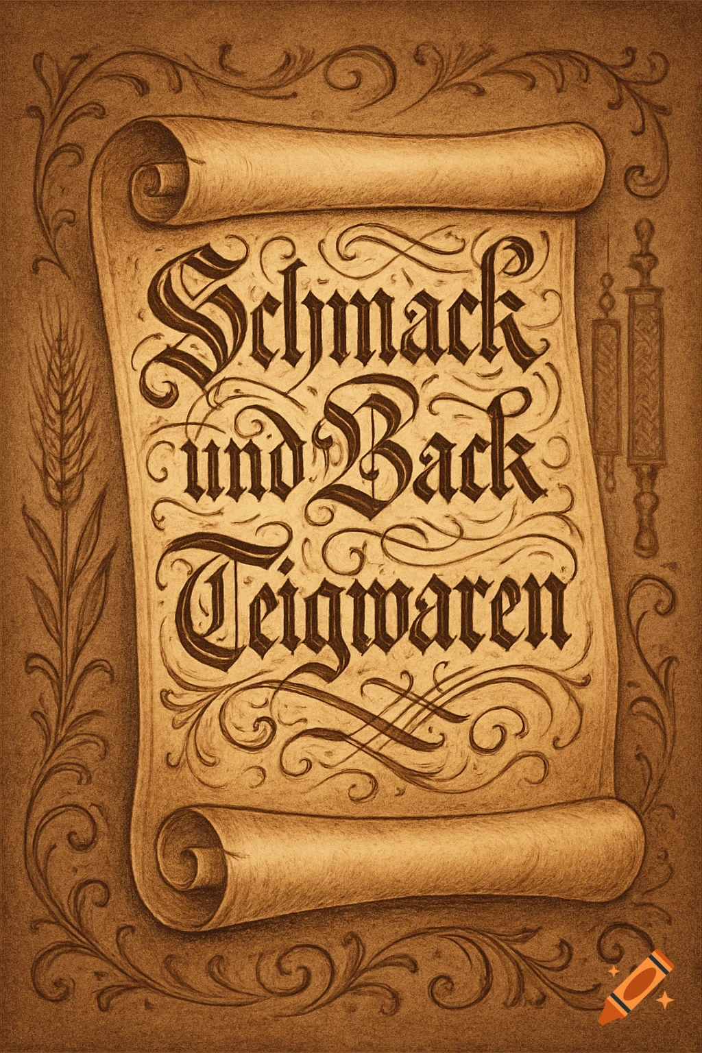 A sepia-toned medieval scroll with gothic calligraphy reading 'Schmack und Back Teigwaren', adorned with wheat and flourishes.