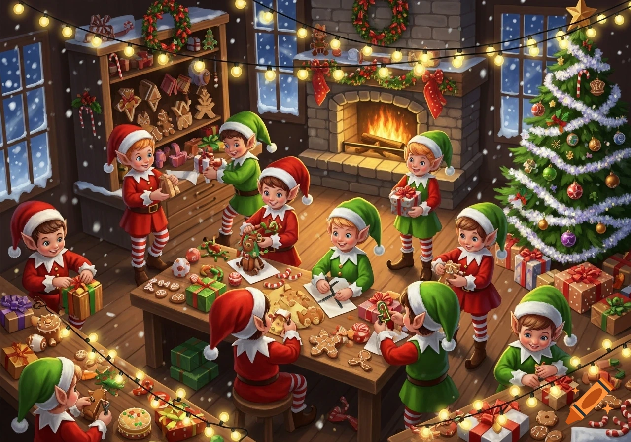 A festive, detailed illustration of many cartoon elves in a cozy Christmas workshop, preparing gifts and decorating around a fireplace and Christmas tree.