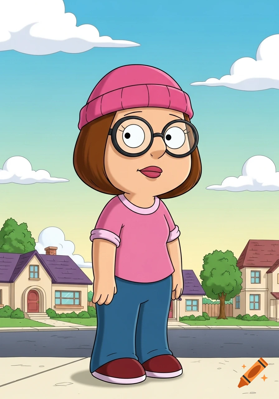 Cartoon of Meg Griffin wearing a pink beanie, pink shirt, blue jeans, and red shoes, standing on a sidewalk in front of suburban houses.