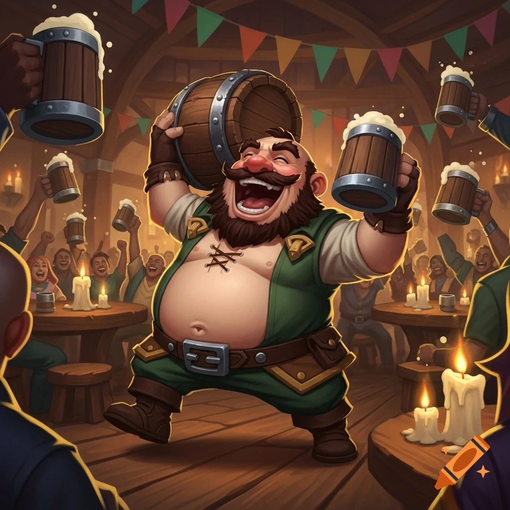 A cartoonish, portly dwarf-like man with a beard and mustache joyfully holds a beer barrel and a mug of frothy beer in a lively tavern, surrounded by other cheering patrons.