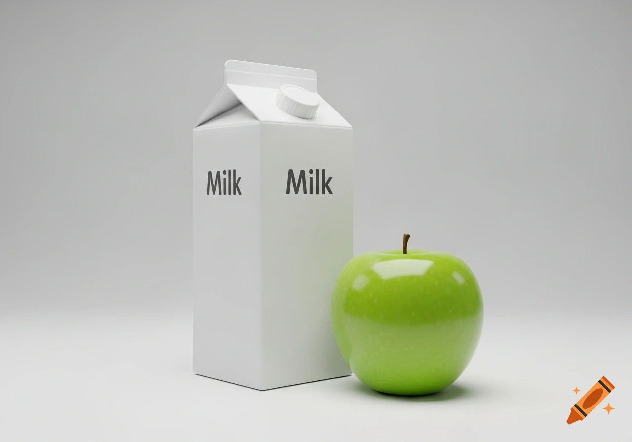 A white milk carton and a shiny green apple on a light background.