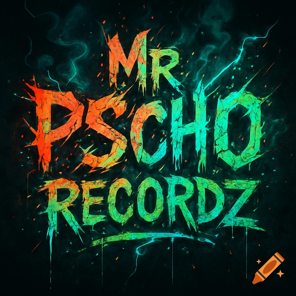Neon orange and green grunge text spells out "MR PSCHO RECORDZ" against a dark, smoky background with electric blue accents.