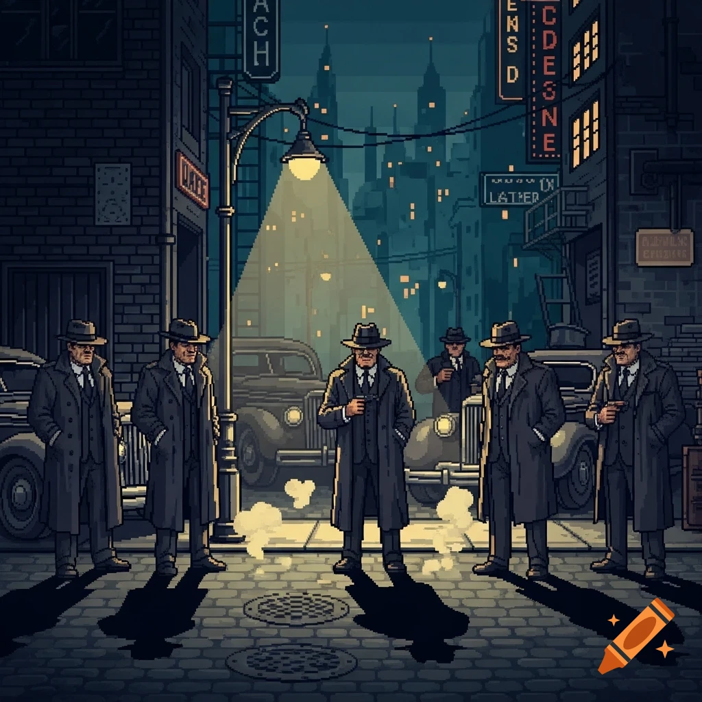 Six mafia men in fedoras and trench coats stand on a dark, pixel art city street with vintage cars under a street lamp.