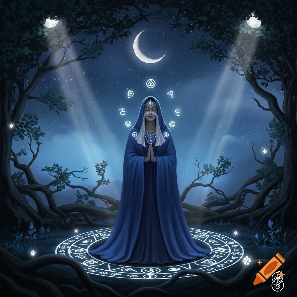 A cloaked figure stands in a mystical forest at night under a crescent moon, surrounded by glowing symbols and ancient trees.