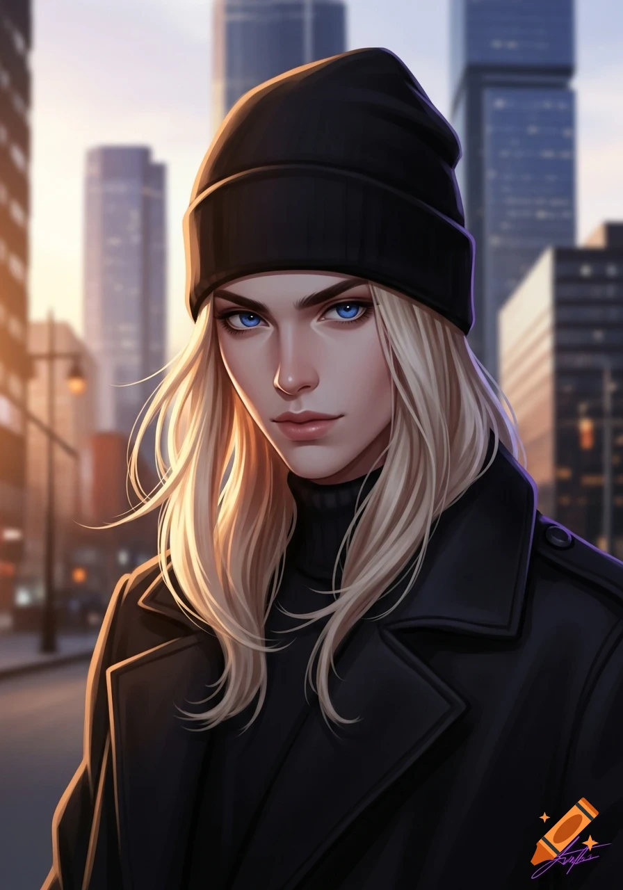 Anime art portrait of a blonde person with blue eyes, wearing a black beanie and coat, in an urban setting at sunset.