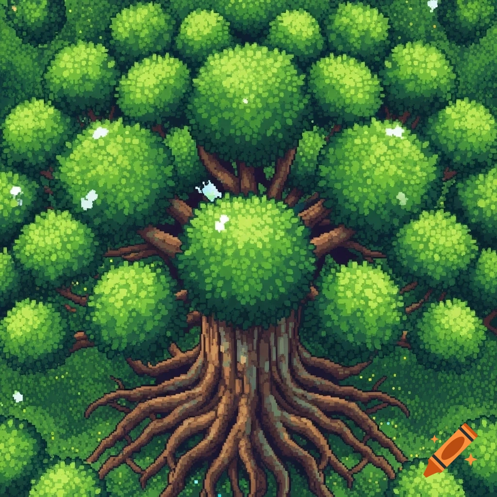 Top-down view of a lush, vibrant green pixel art tree with visible roots spreading into green grass.