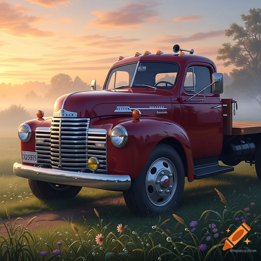 A vintage red flatbed truck parked in a grassy field at sunset, with a dirt path leading up to it.