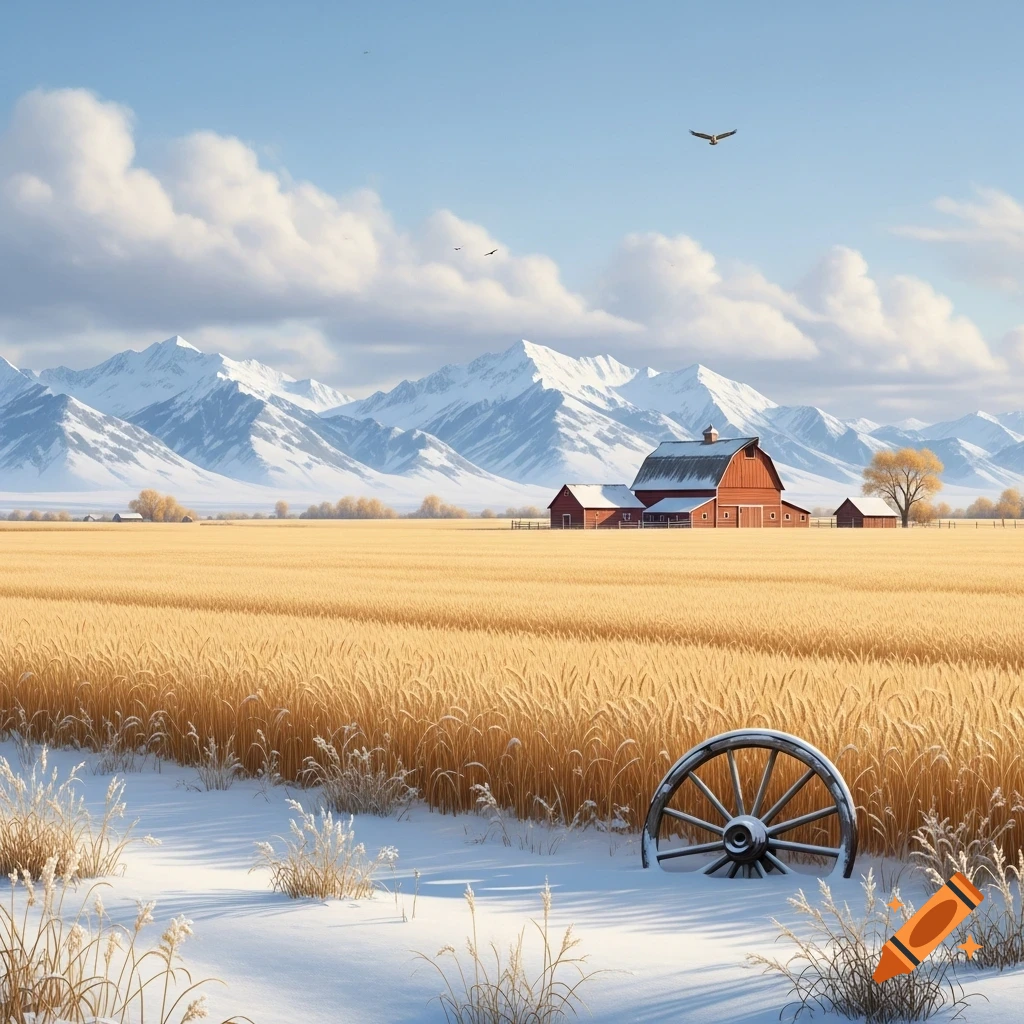 Photorealistic scene of a snow-covered wheat field with an old wagon wheel, red barn, and distant snow-capped mountains under a blue sky.
