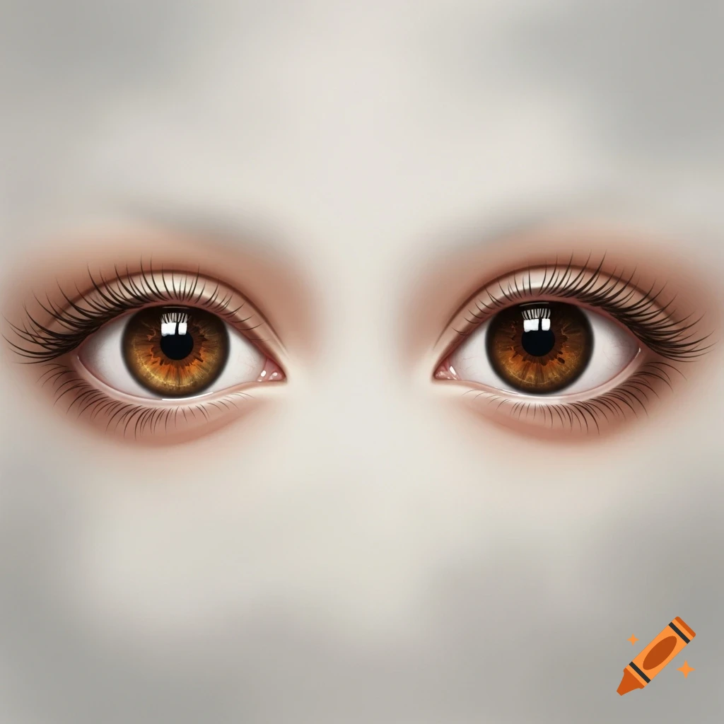 Close-up of two realistic brown human eyes with long eyelashes, set against a light, soft background.