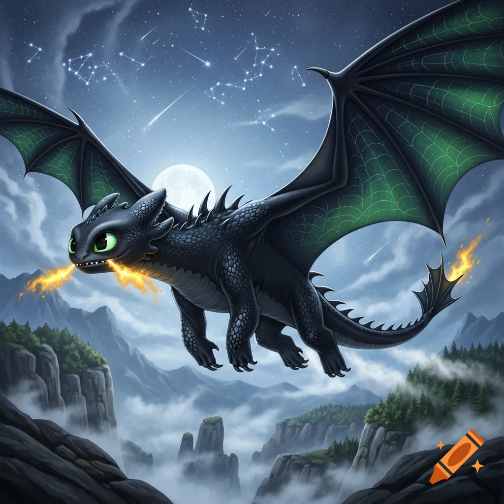 A black cartoon dragon with green eyes and green-lined wings flies over misty mountains at night, breathing fire, with a full moon and constellations in the sky.