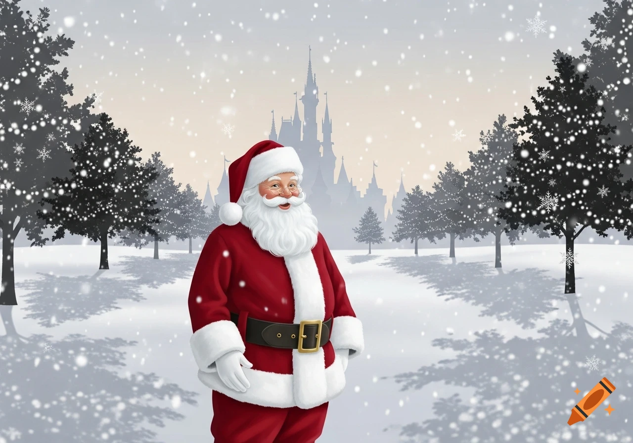 Santa Claus stands in a snowy winter landscape with decorated trees and a fairytale castle in the background.