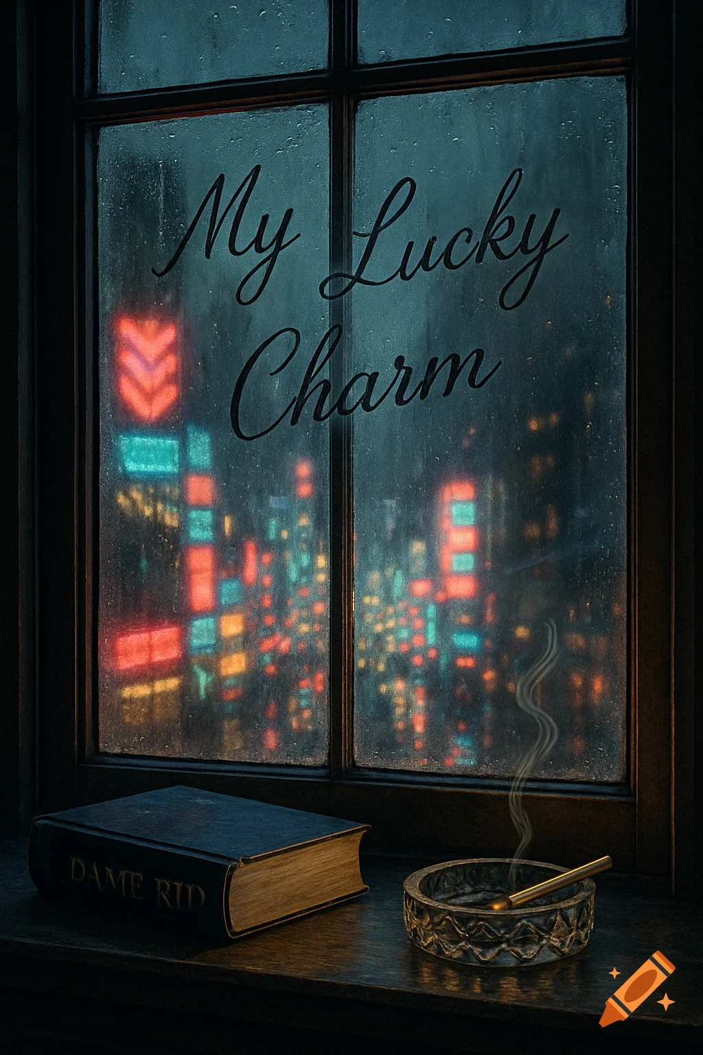 Rainy window overlooking a neon city, with "My Lucky Charm" on the glass. A book and a smoldering cigarette in an ashtray on the sill, in a noir style.