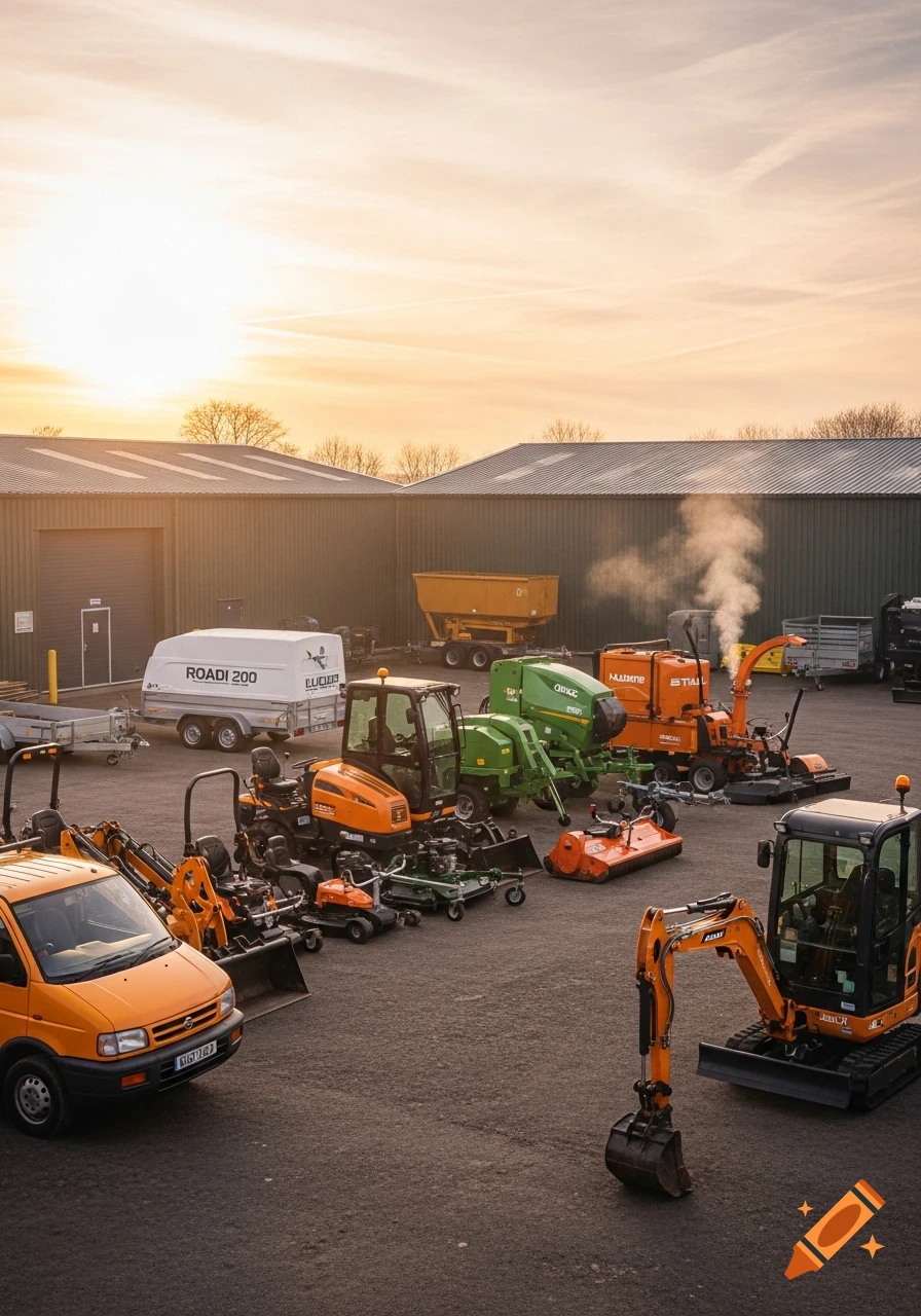 An outdoor lot with various orange and green construction and landscaping machinery under a sunset sky, with industrial buildings in the background.