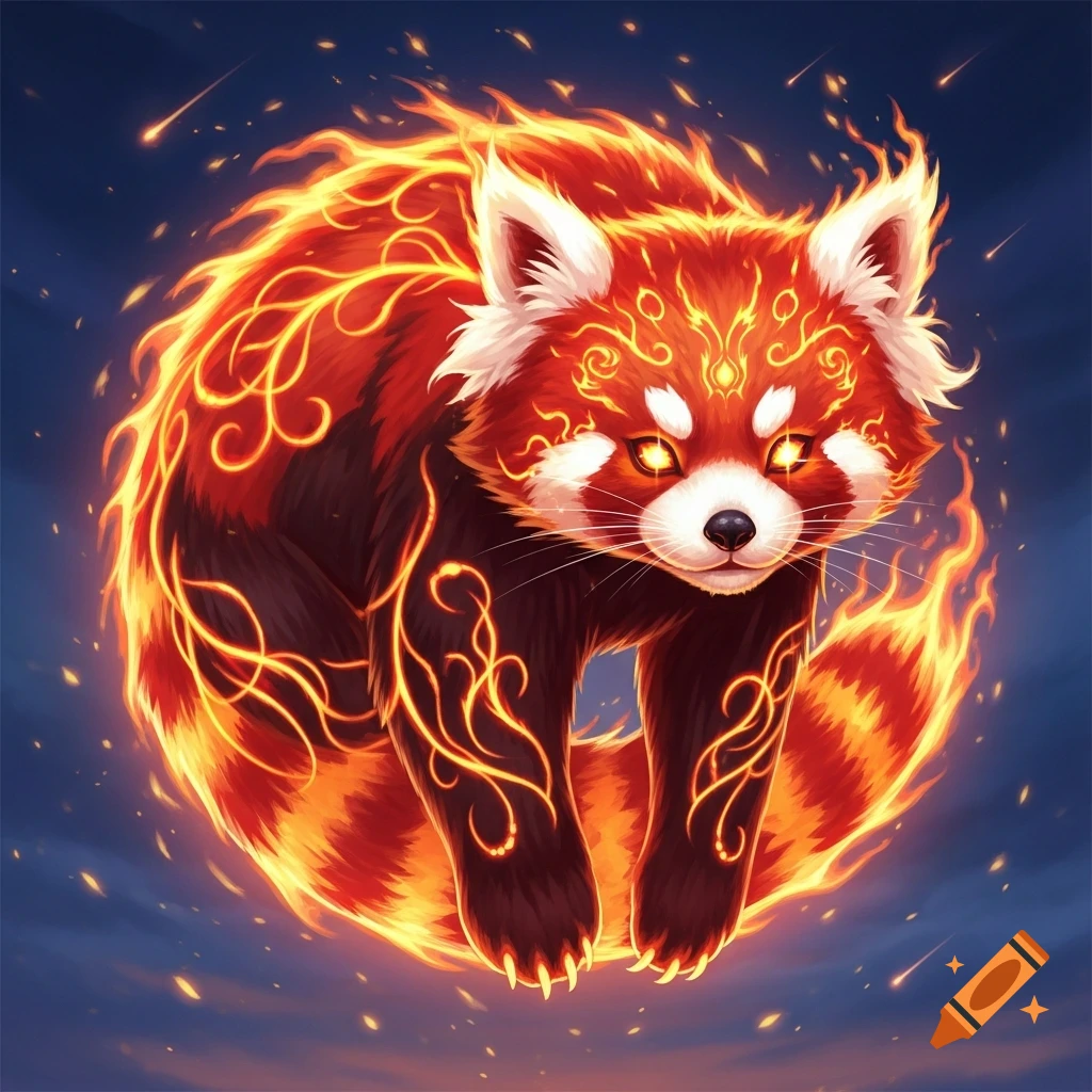 A majestic red panda with glowing eyes, its body wreathed in intricate, swirling fire patterns, against a dark sky with meteors, in an anime style.