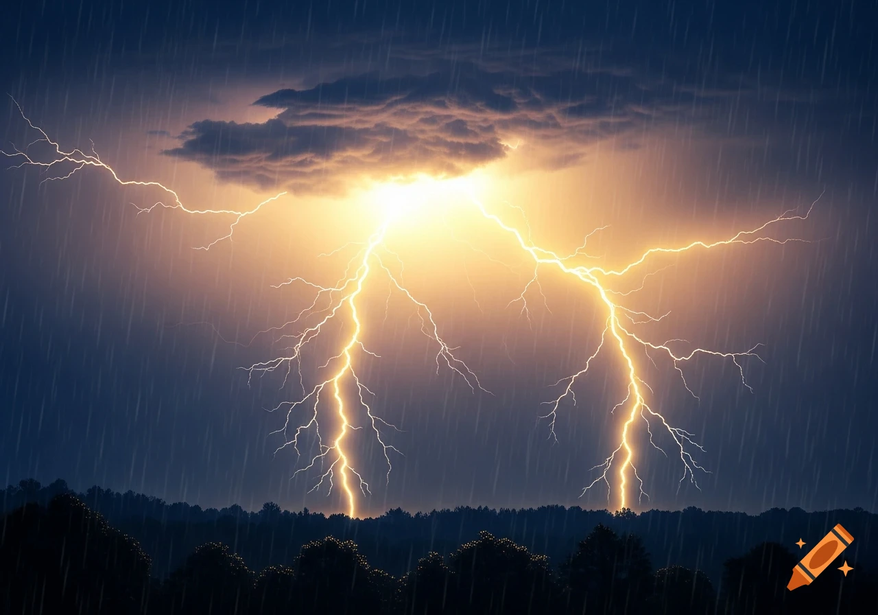 Dramatic night storm with bright golden lightning striking down from dark clouds over a silhouetted forest, amidst heavy rain.
