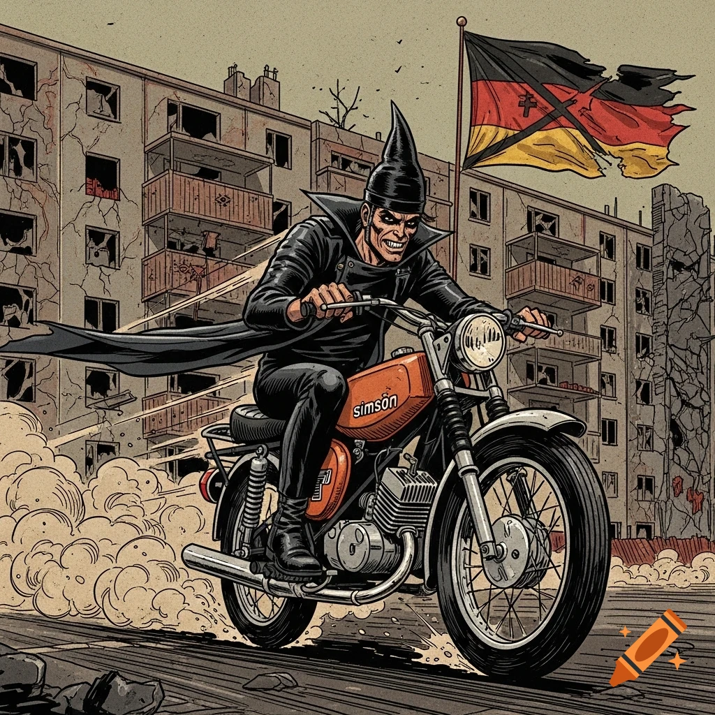 A comic-style anti-hero with a pointed hat and black cape rides a Simson motorcycle through a decaying city, with a German flag waving in the background.