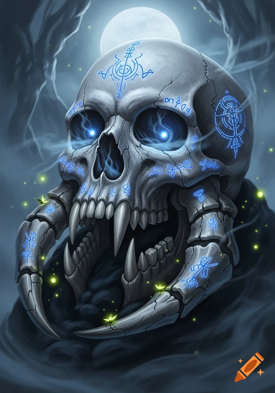 Detailed concept art of a skull with glowing blue eyes, large jaw pincers, and magical runes, under a full moon with fireflies.