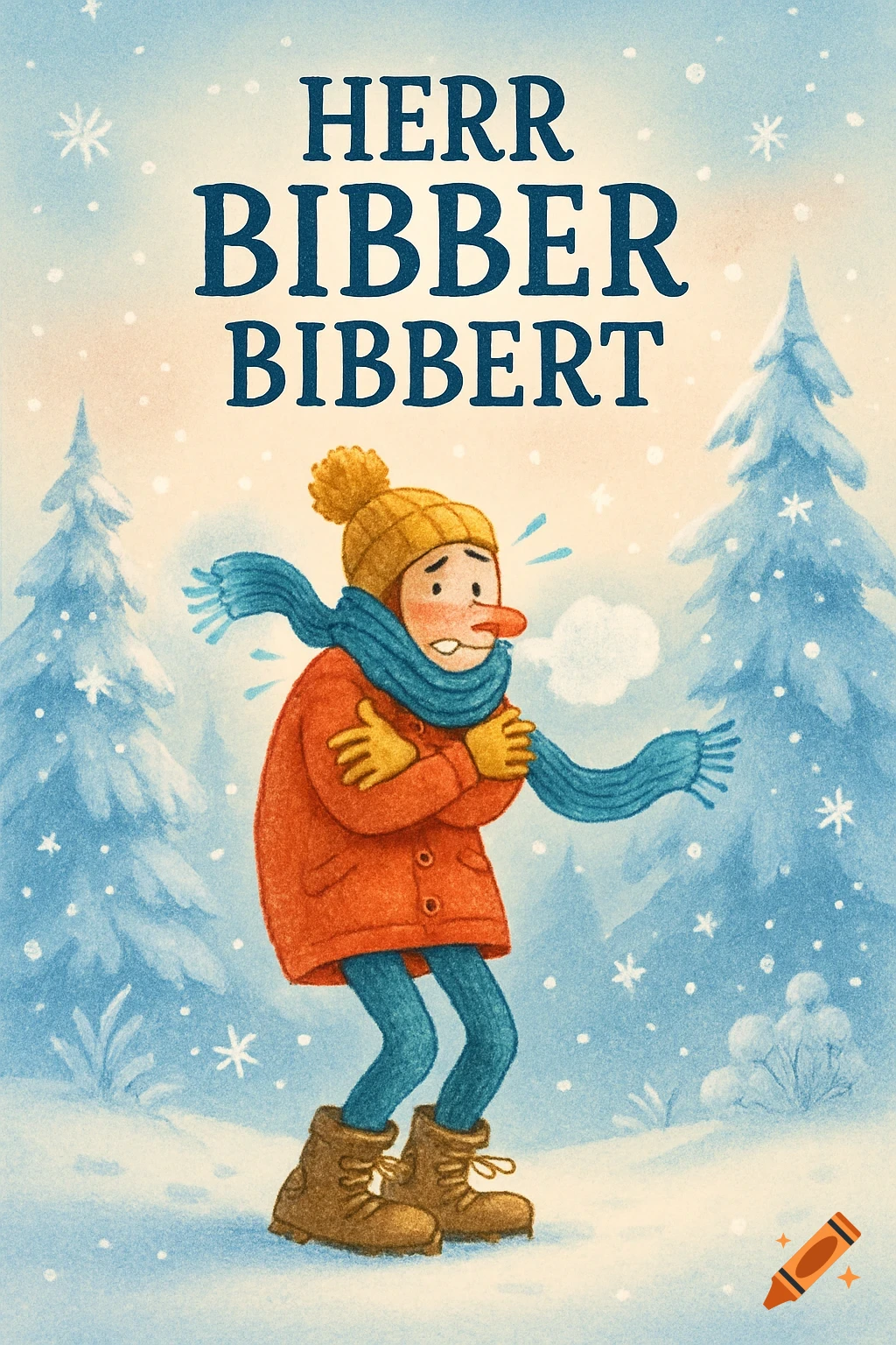 A shivering cartoon man in a yellow hat, blue scarf, and orange coat stands in a snowy forest under text reading 'HERR BIBBER BIBBERT'.