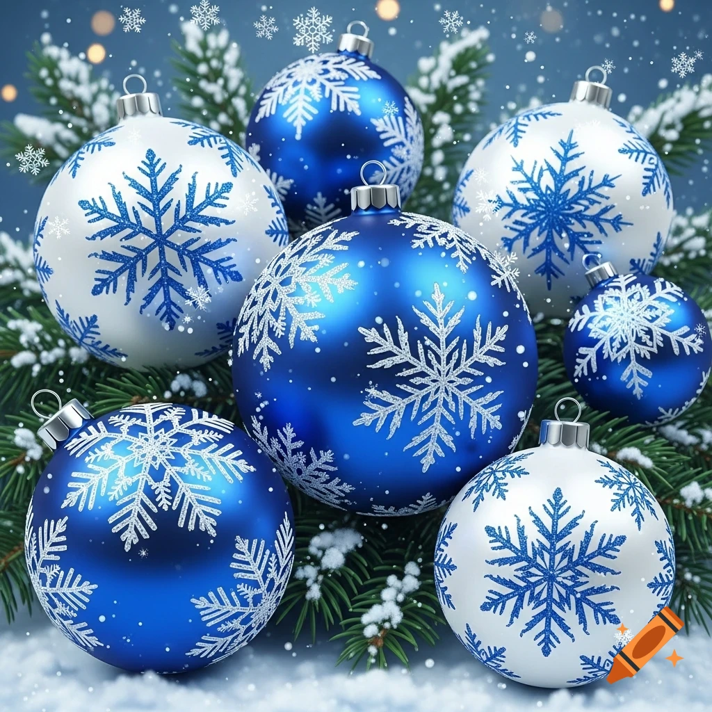 Close-up of blue and white Christmas ornaments decorated with snowflakes, resting on snow-covered pine branches.
