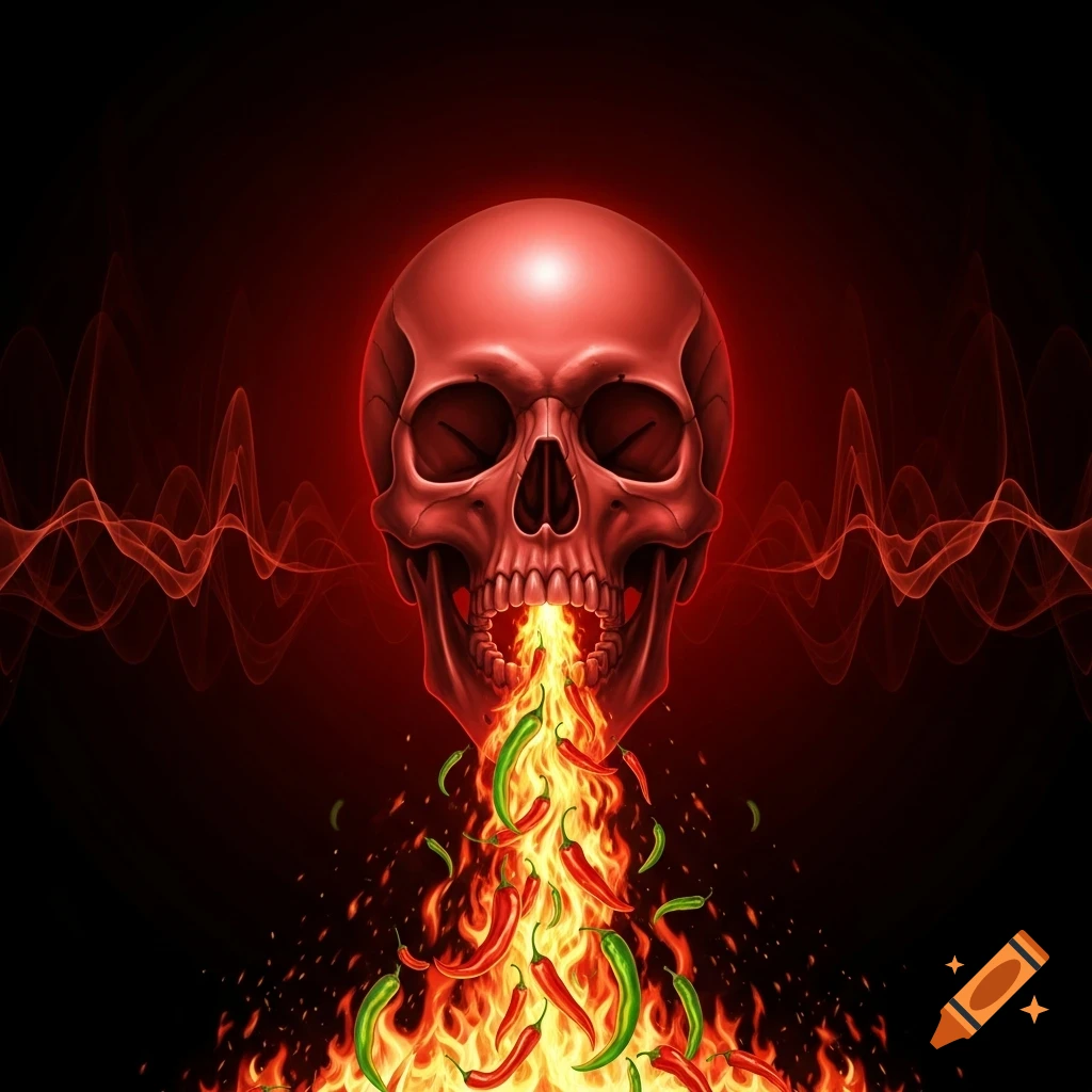 A stylized red skull exhales vibrant flames mixed with red and green chili peppers against a dark, glowing red background.