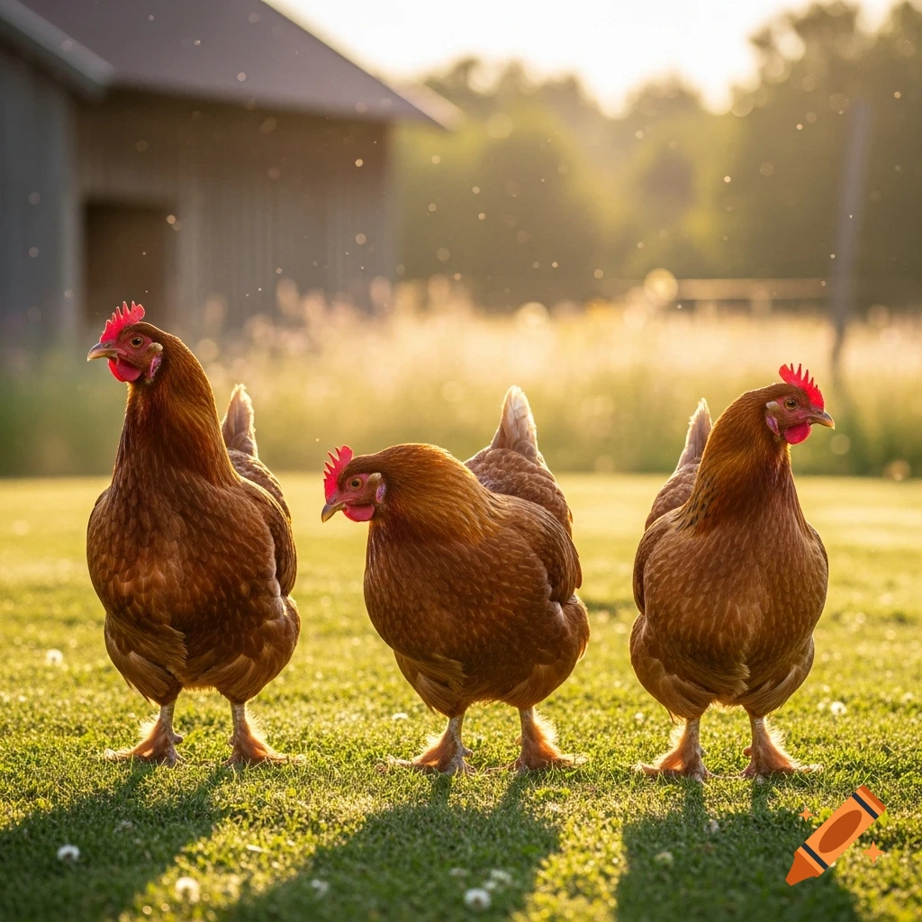 Three brown chickens stand in a grassy field with a barn in the background, bathed in warm golden sunlight.