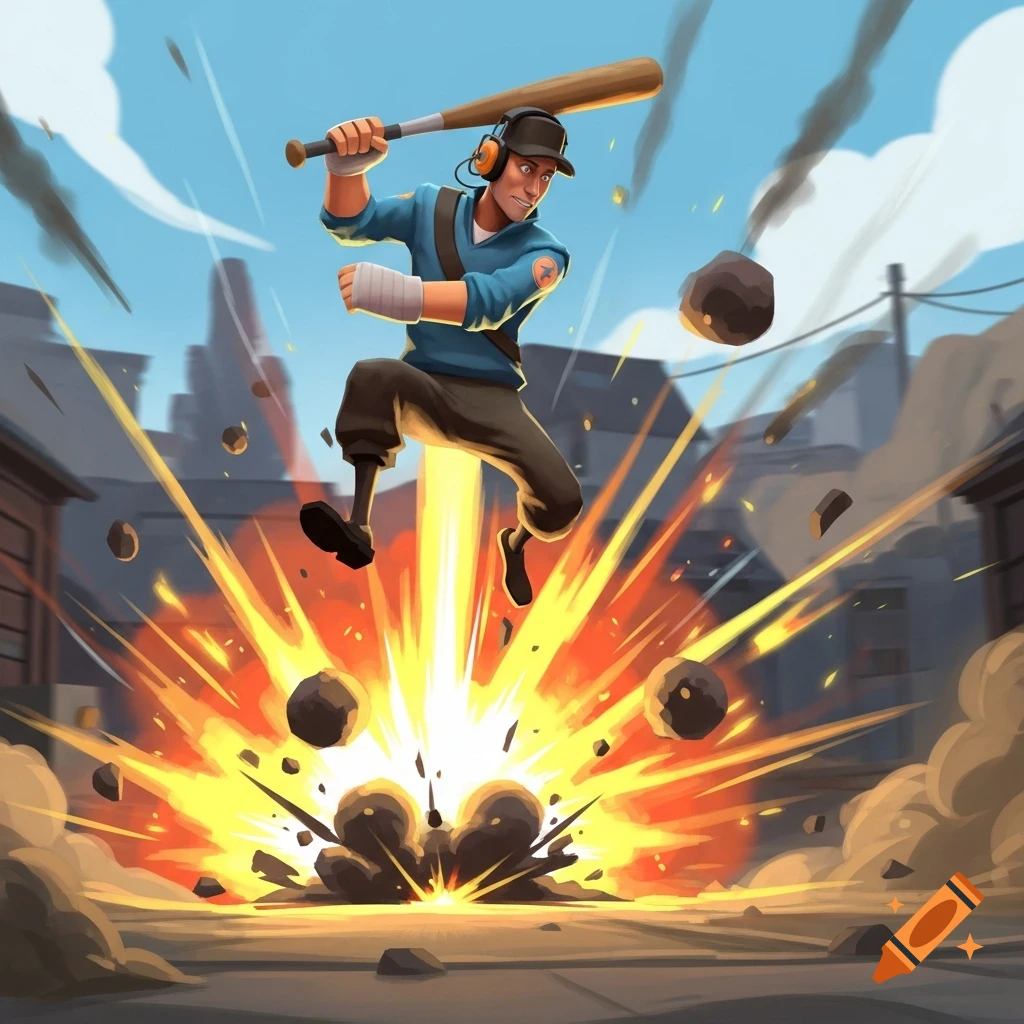 Scout from Team Fortress 2 jumps high, swinging a baseball bat, above a massive explosion in a stylized urban setting.