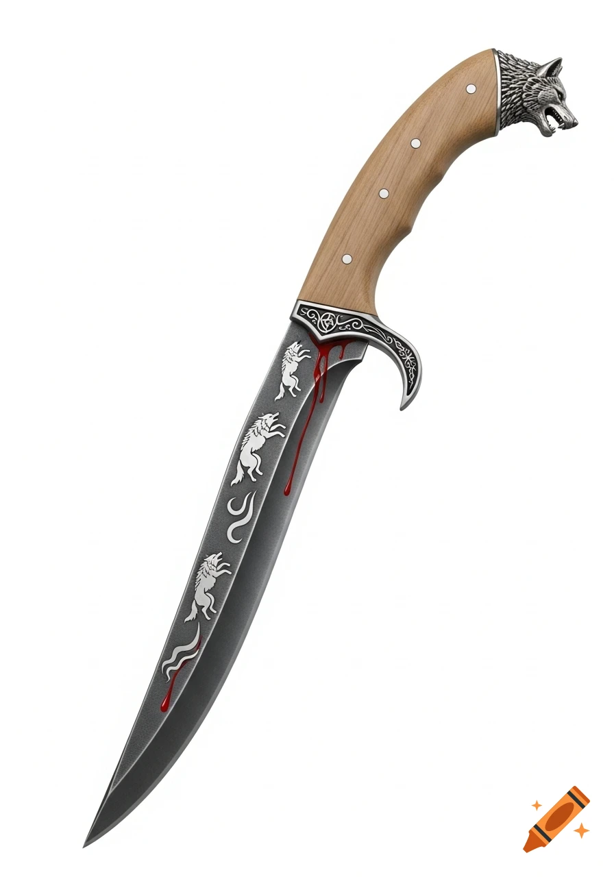 A fantasy dagger with a wolf's head hilt, a wooden grip, and an engraved blade featuring wolves and stylized blood.